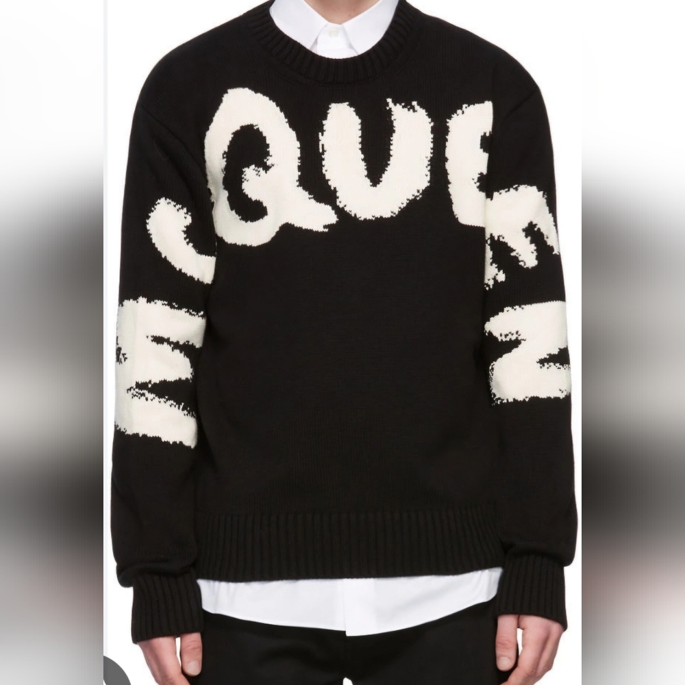 Alexander McQueen Black Crewneck Sweater with White Graphic